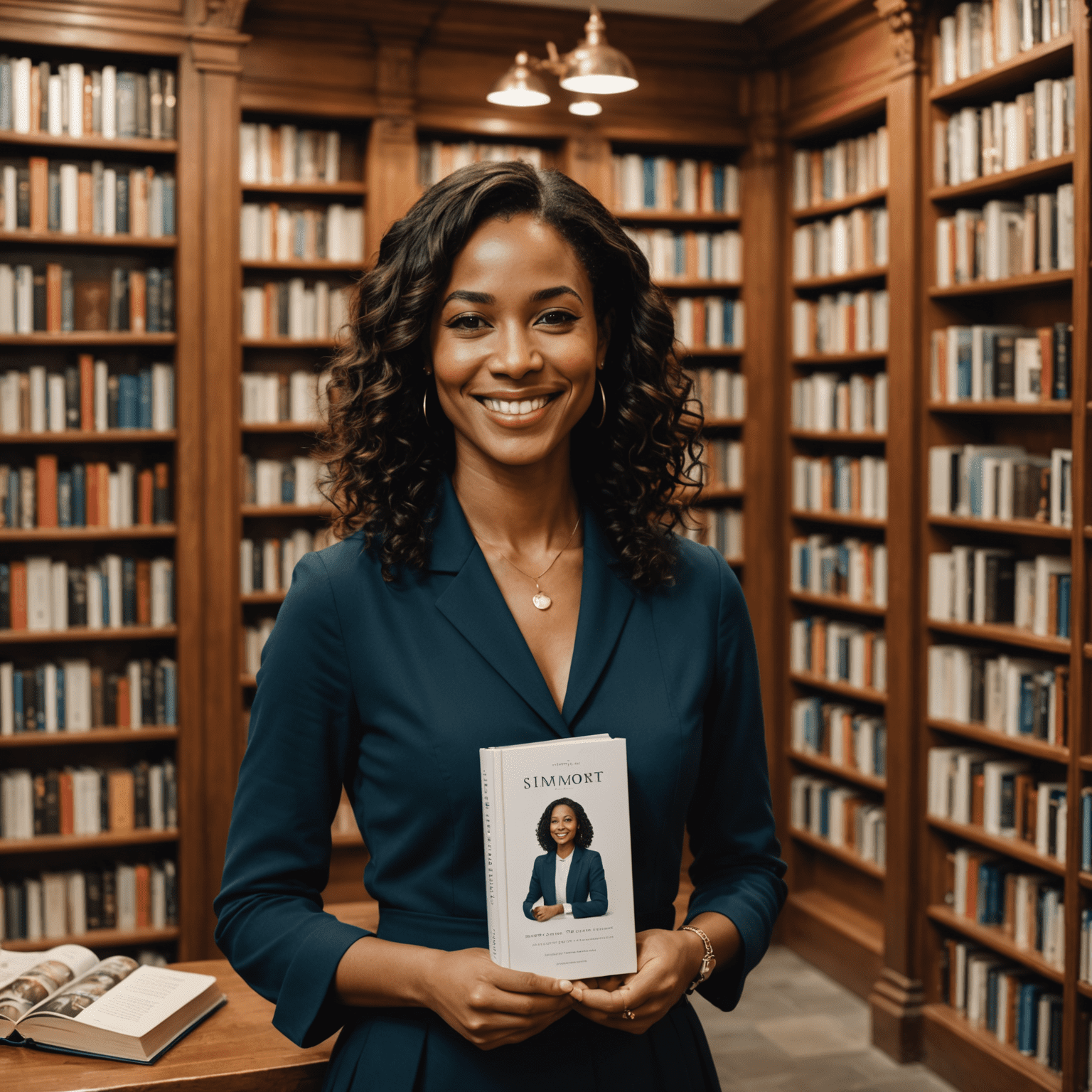 Imagem de Simone Tebet sorrindo, segurando seu novo livro autobiográfico em um cenário elegante de livraria