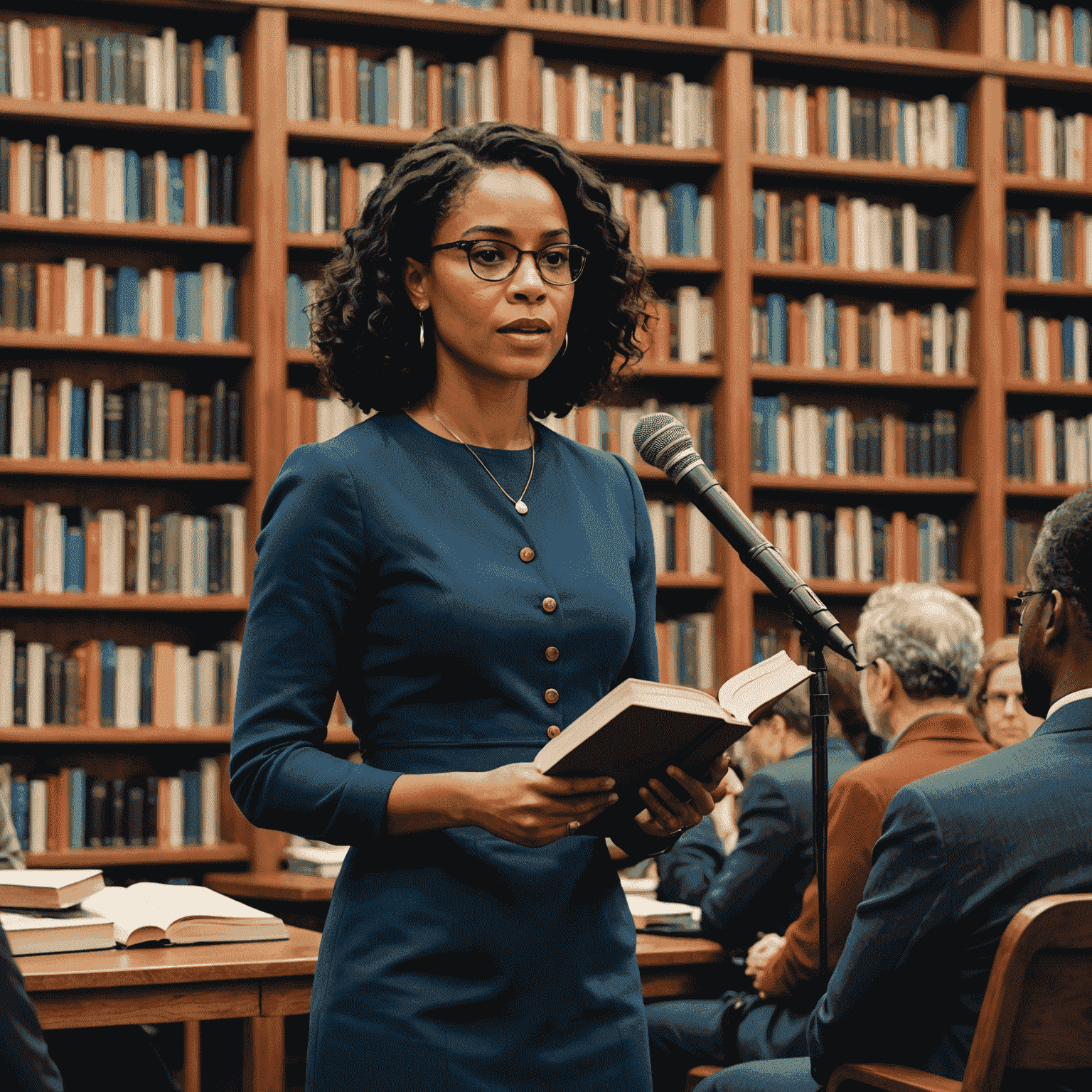 Simone Tebet discursando em um evento literário, com prateleiras de livros ao fundo e uma multidão atenta