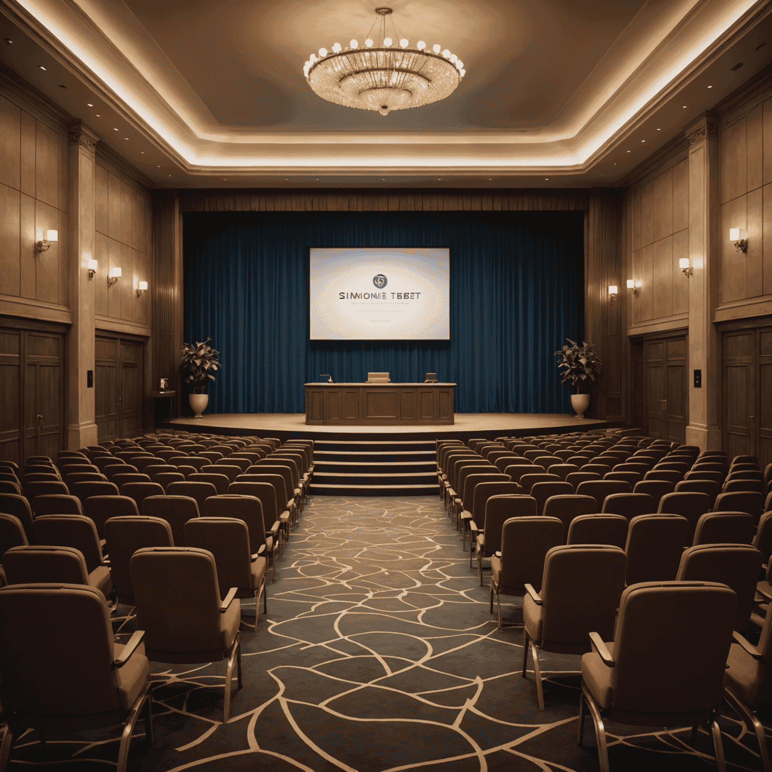 Um auditório elegante preparado para o lançamento do livro, com um pódio no centro, cadeiras dispostas em fileiras e banners com a capa do livro de Simone Tebet nas laterais.