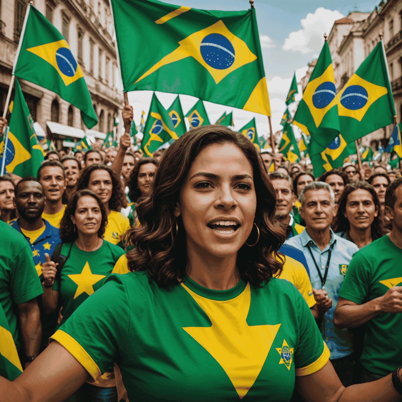 Simone Tebet discursando em um comício, cercada por apoiadores entusiasmados segurando bandeiras do Brasil