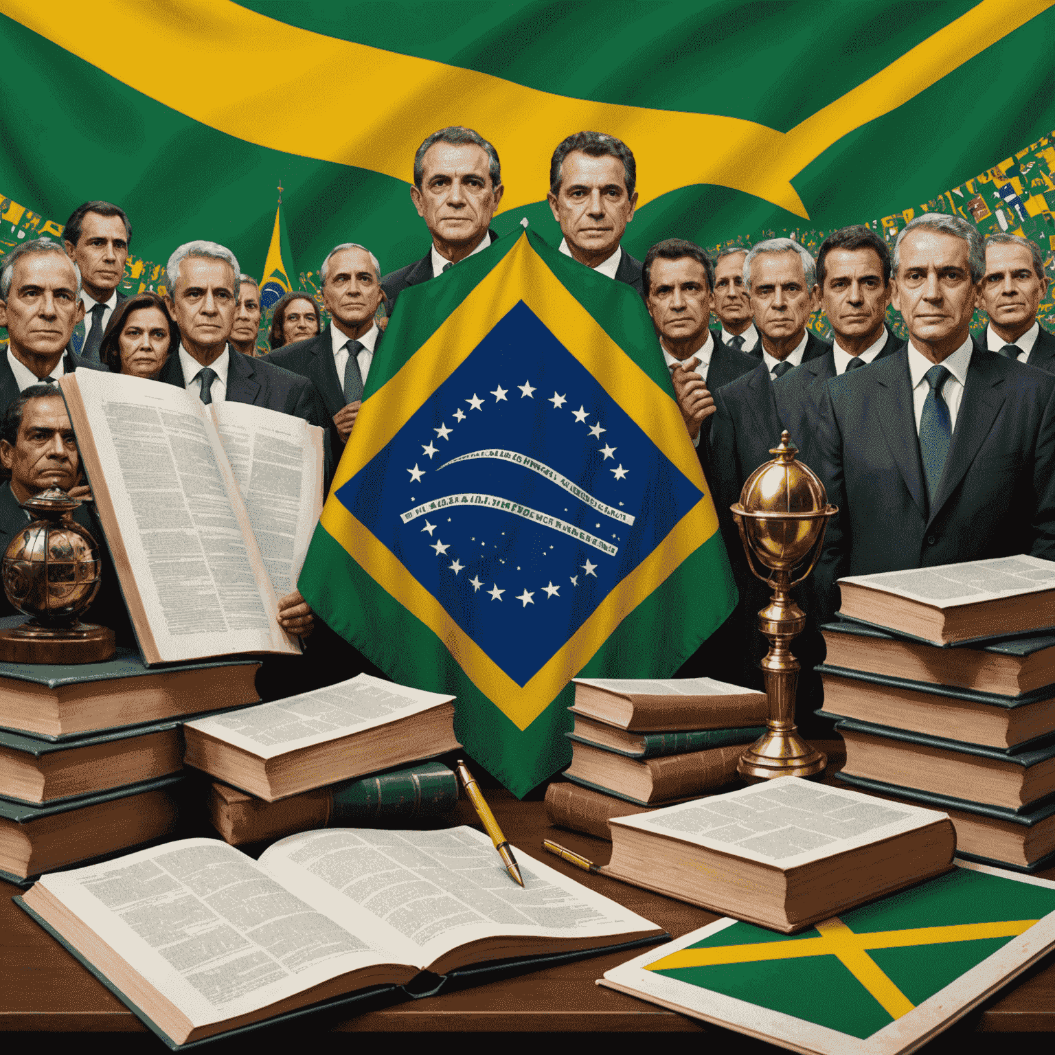 Uma montagem visual que combina elementos da política brasileira, como a bandeira e o Congresso Nacional, com livros e uma caneta, simbolizando a fusão entre política e literatura.